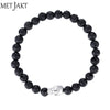 Natural Lava Handmade Elastic Skull Bracelets Solid 925 Sterling Silver Skeleton Pendant for Unisex Jewelry(16-21cm)