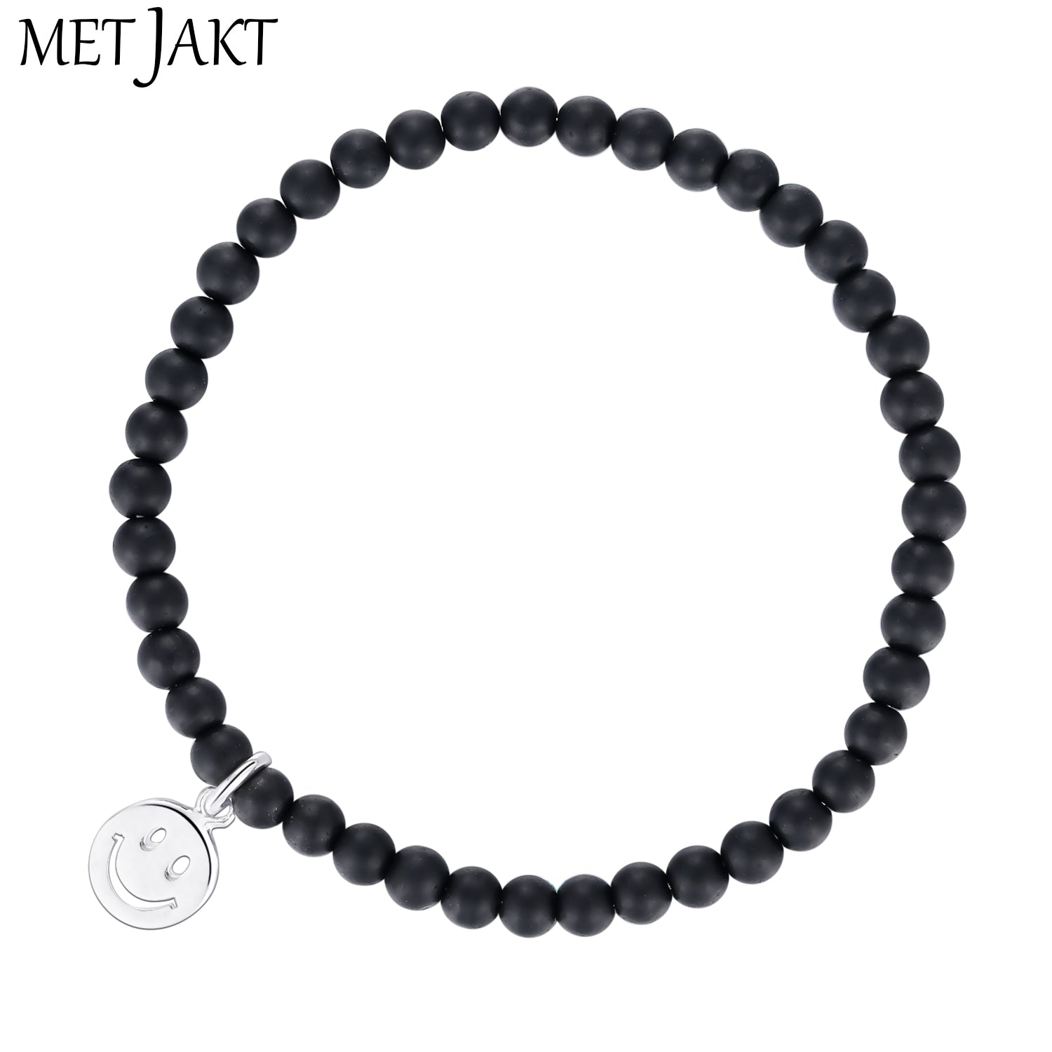 Natural Obsidian Beads Handmade Elastic Charm Bracelets and 925 Sterling Silver Smile Pendant for Unisex Jewelry