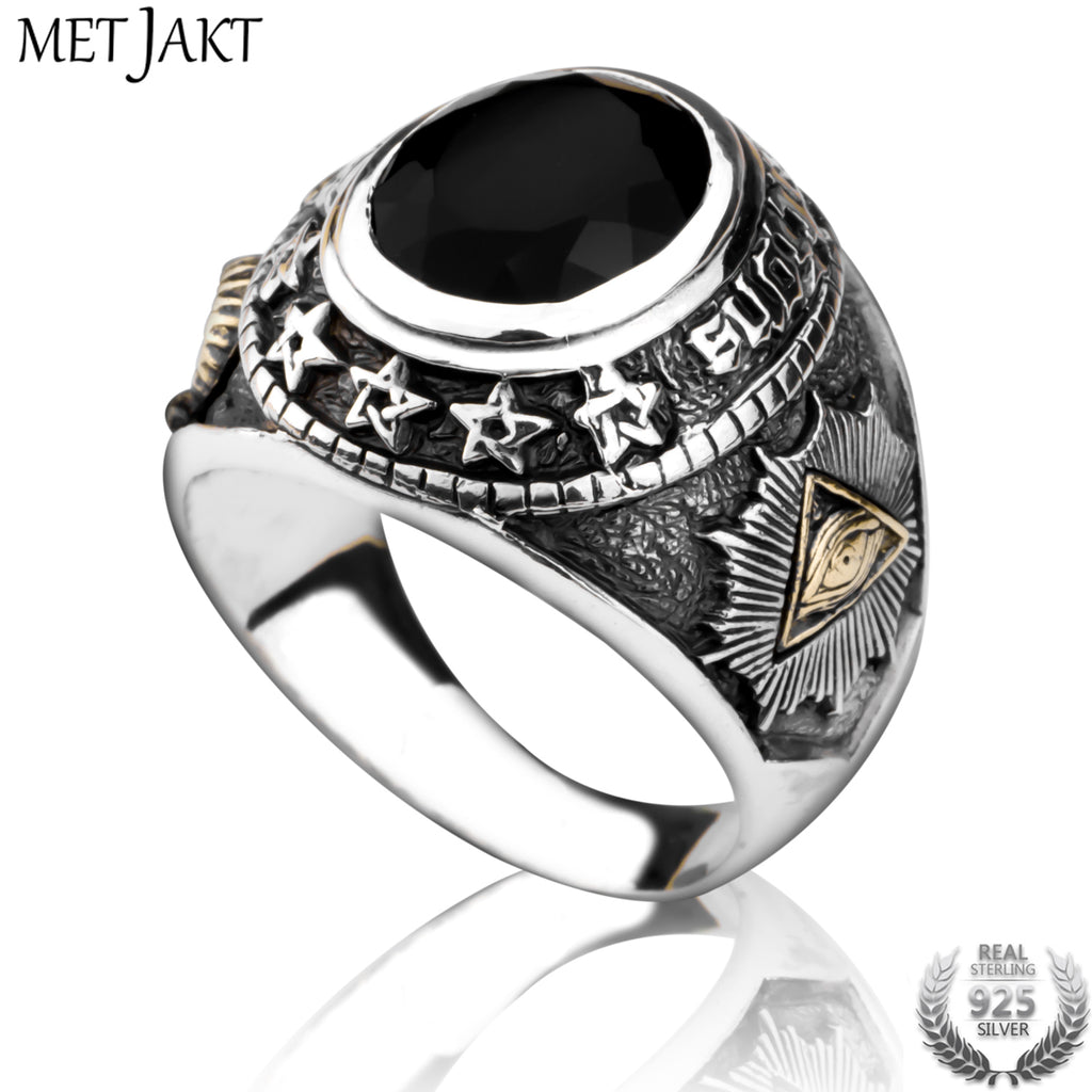 Pentagram Goat's Head Satan and God's Eye Ring Solid 925 Sterling Silver Agate Ring Hand-carved Religious Jewelry