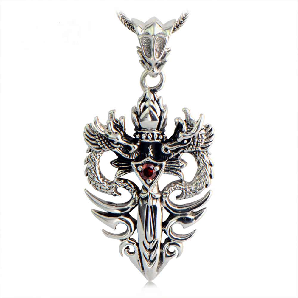 Punk 925 Silver Double Dragon & Sword Pendant with Ruby and Sterling Silver Snake Chain Necklace Men's Necklace Jewelry