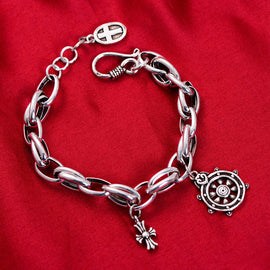 Punk Anchor/cross Charm Bracelet Solid 925 Sterling Silver Handmade Bracelet for Women and Men Jewelry(17.5-19.5cm)