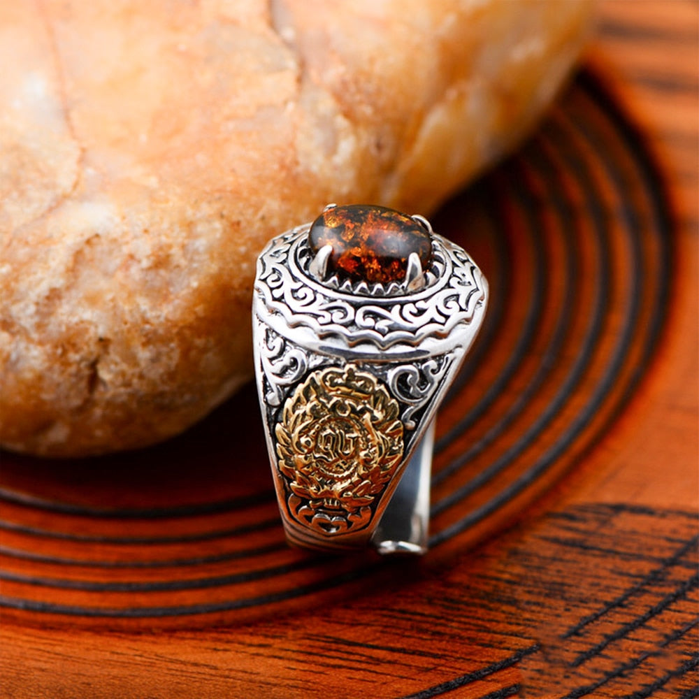 Punk Co Men Jewelry Ring & Natural Amber Ring Solid S925 Sterling Silver Open Ring for Men Unique Jewelry