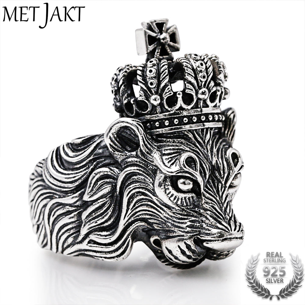 Punk Rock 925 Sterling Silver Crown Lion King Ring for Ride A Motorcycle Co Men Rings Vintage Thai Silver Jewelry