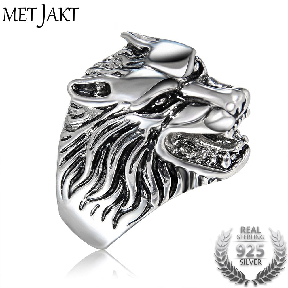 Punk Rock Ferocious Wolf Head Ring Solid 925 Sterling Silver Rings for Co Men Vintage Thai Silver Jewelry