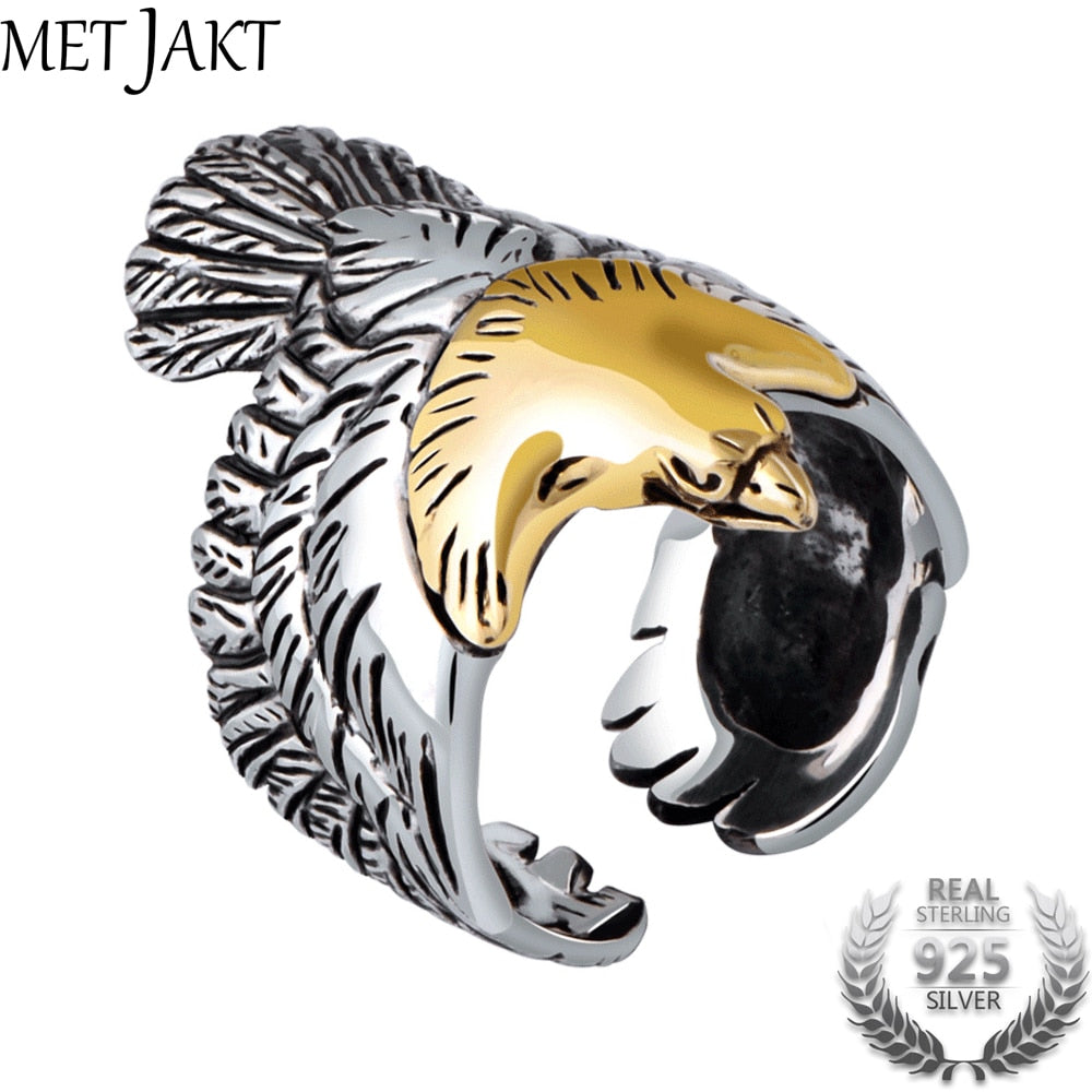 Real 925 Sterling Silver Eagle Gold Color Head Open Ring for Men Vintage Steampunk Retro Co Ring Gift Men Jewelry