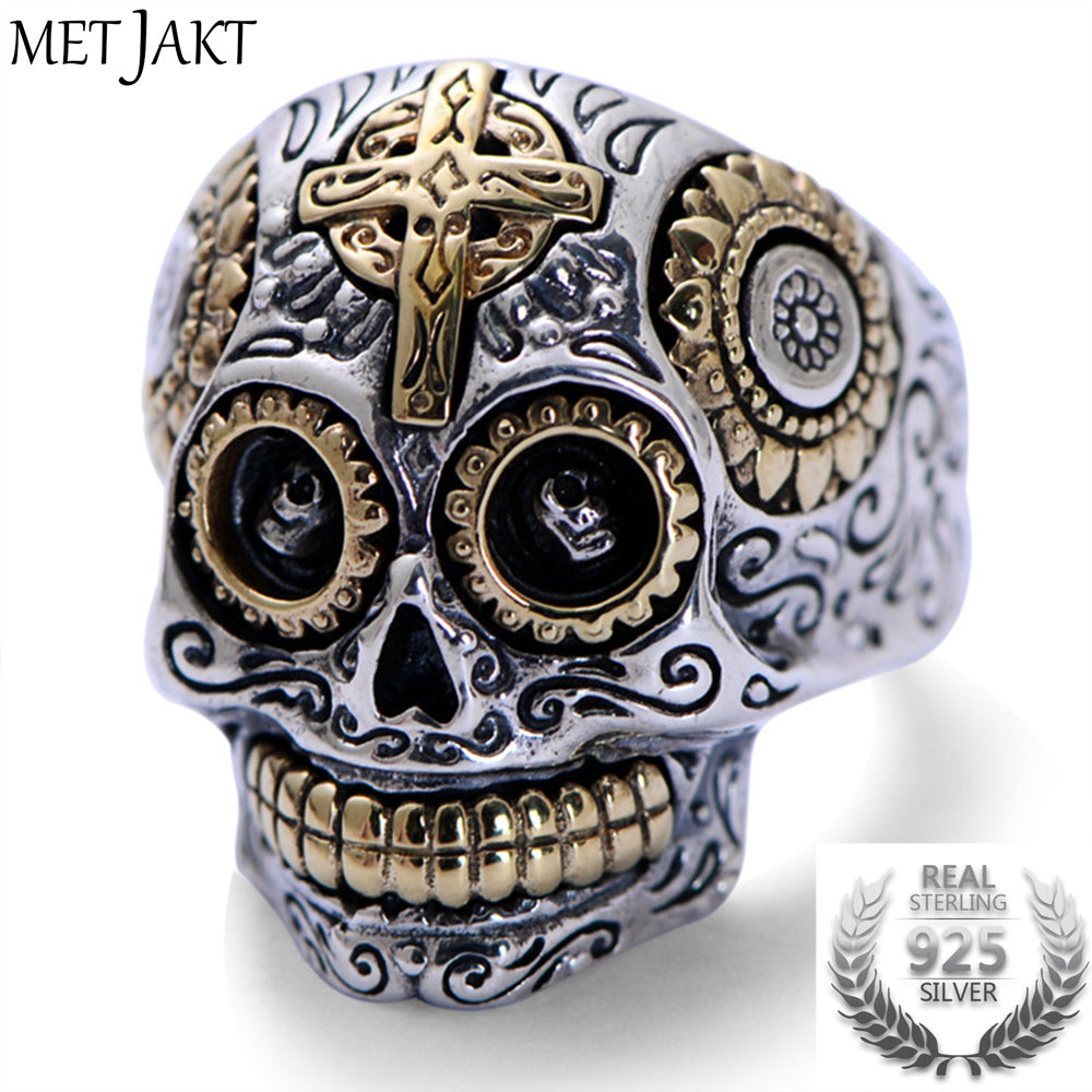 Real 925 Sterling Silver Skull Ring and Gold Cross for Vintage Punk Rock Locomotive Ring for Men Halloween Jewelry