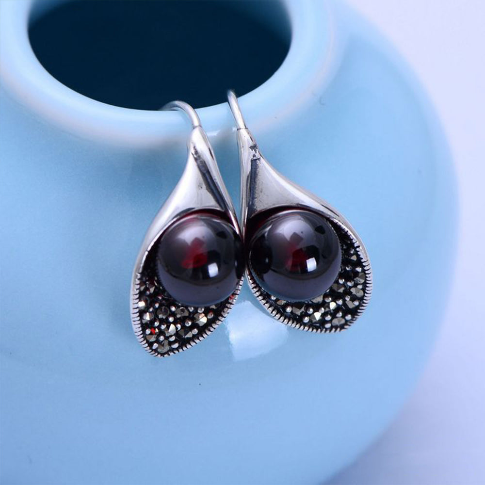 S925 Sterling Silver Red Garnet Drop Earring with Zircon for Women Wedding Party Luxury Vintage Thai Silver Jewelry