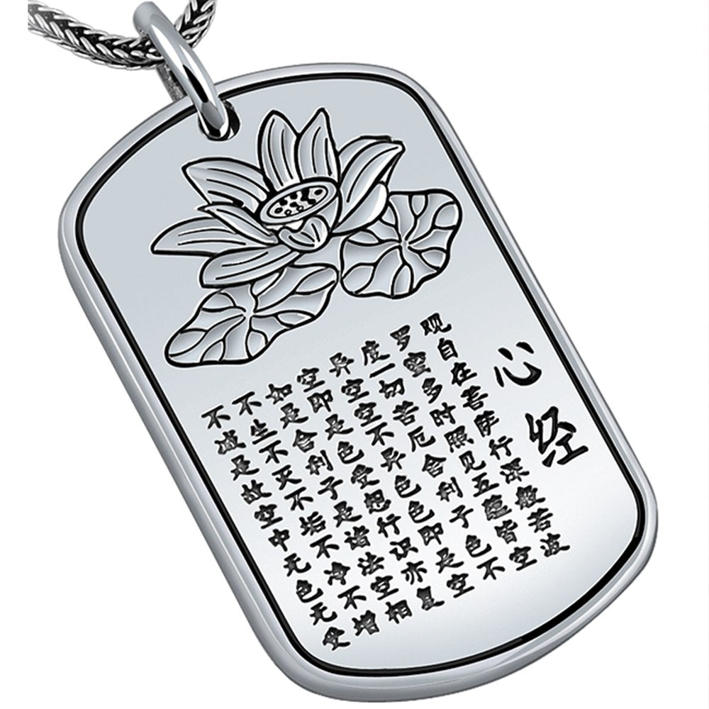 S999 Sterling Silver Buddhist Heart Sutra Pendant and Silver Snake Chain Necklace Suit for Unisex Amulet Jewelry