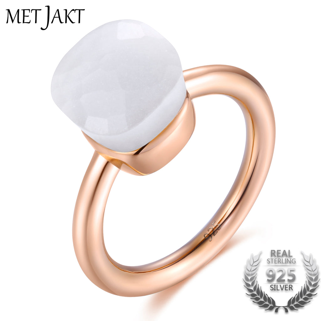 Three Colors Classic Trendy 925 Sterling Silver Nudo Candy Rings with Natural White Agate for Women's Fine Jewelry