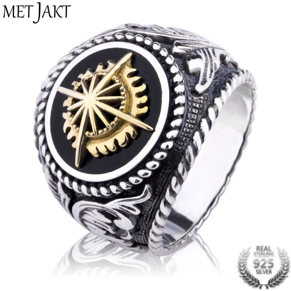 Vintage 925 Sterling Silver Open Ring & Hand Carved Golden Sun Pattern for Personality Men Punk Jewelry Ring Face 2.2cm