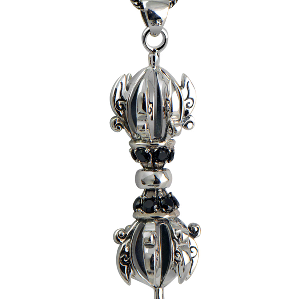 Vintage Buddhism Vajra Pendant with Obsidian and Snake Chain Solid 925 Sterling Silver Men's Lucky Peace Jewelry