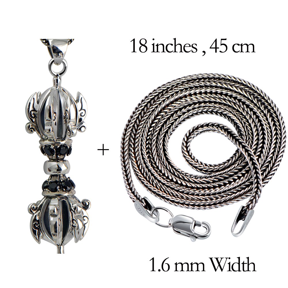 Vintage Buddhism Vajra Pendant with Obsidian and Snake Chain Solid 925 Sterling Silver Men's Lucky Peace Jewelry