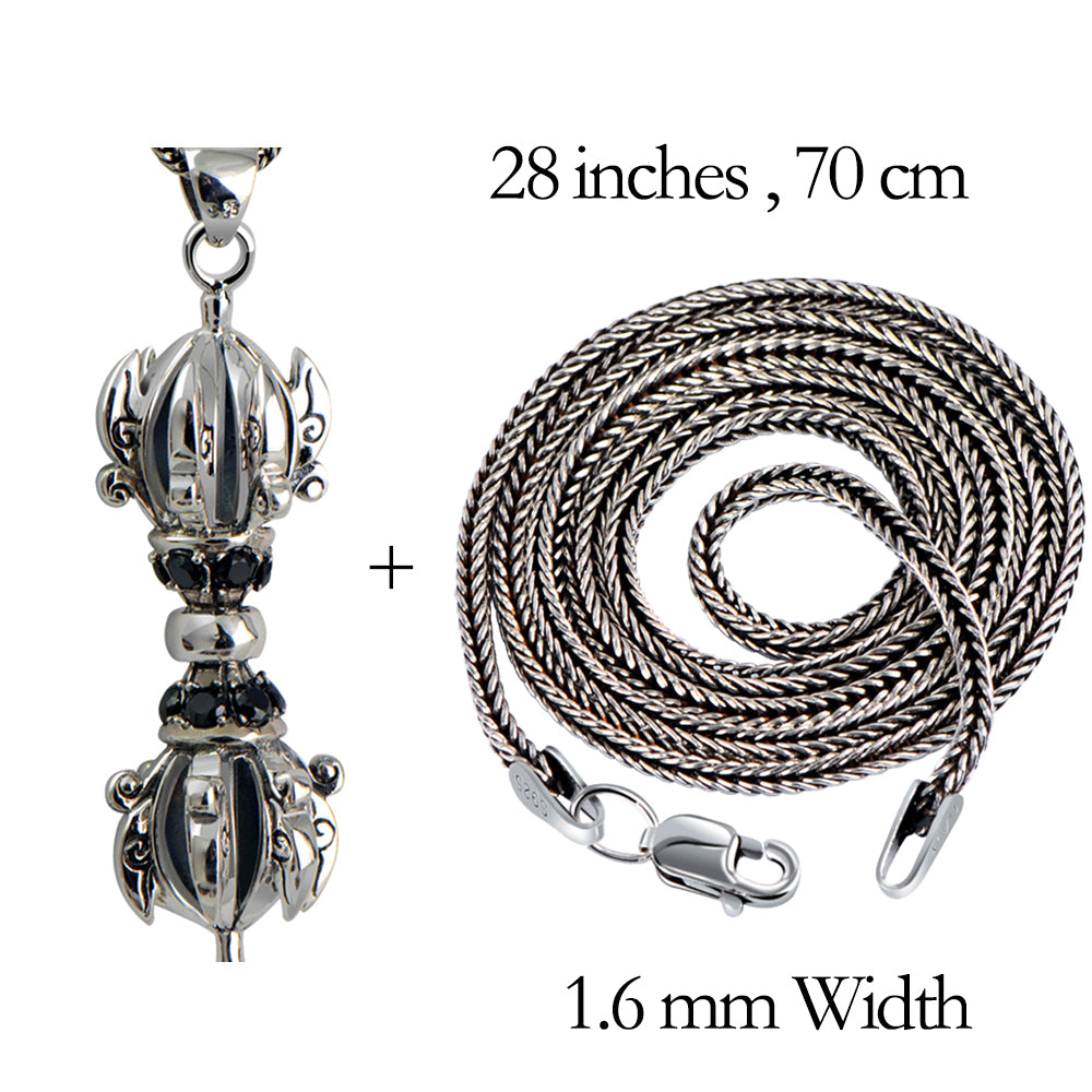 Vintage Buddhism Vajra Pendant with Obsidian and Snake Chain Solid 925 Sterling Silver Men's Lucky Peace Jewelry