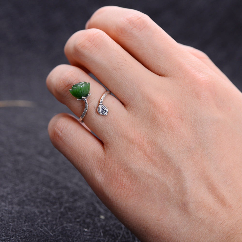 Vintage Frosted Lotus Rings Inlaid Natural Jasper Ring Solid 925 Sterling Silver Open Ring for Women's Fine Jewelry