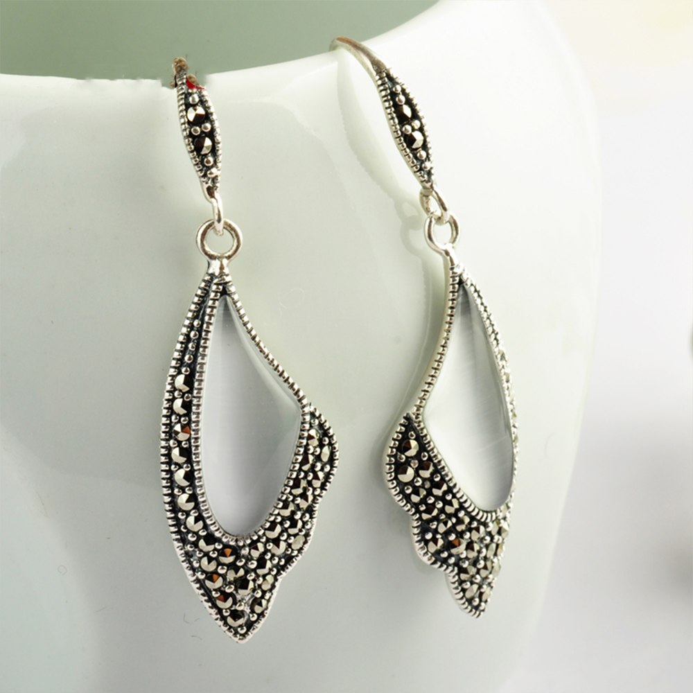 Vintage Natural Agate/White Cat's Eye Butterfly Wing Drop Earrings Solid 925 Sterling Silver Earring for Women Jewelry