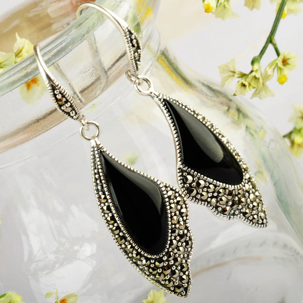 Vintage Natural Agate/White Cat's Eye Butterfly Wing Drop Earrings Solid 925 Sterling Silver Earring for Women Jewelry