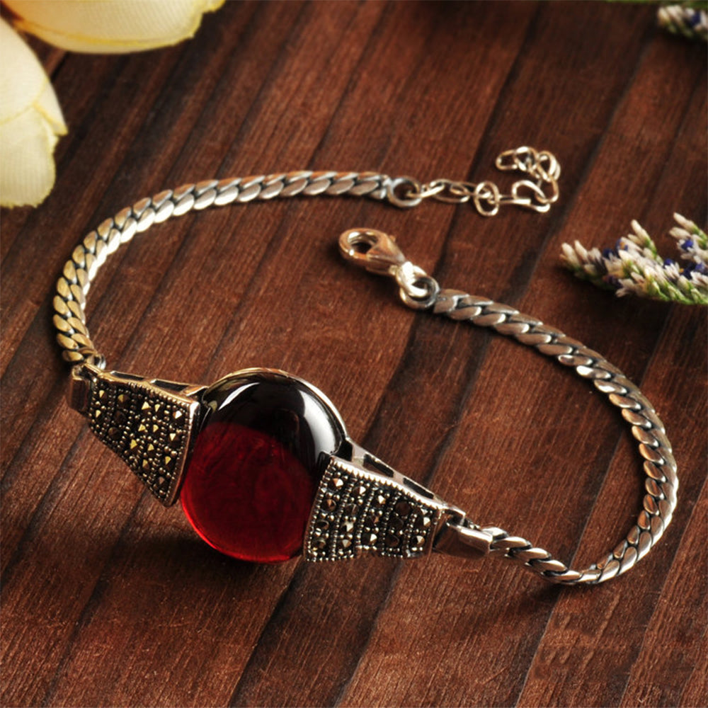 Vintage Natural Agate/garnet Bracelet with Zircon Solid 925 Sterling Silver Bracelet for Women 17.5cm Chain Extend 2.5cm