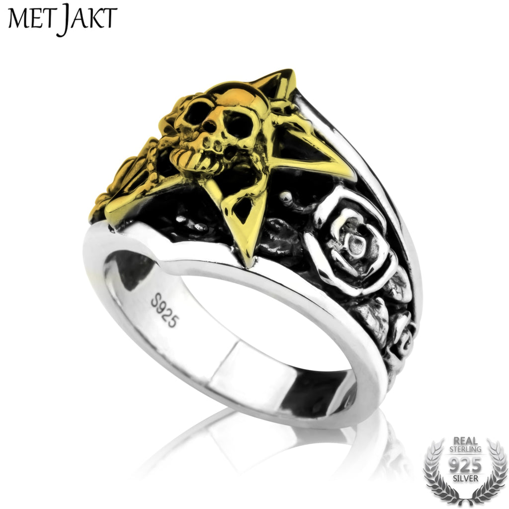 Vintage Punk Golden Pentagram Skull Ring & Hand Carved Rose Solid 925 Sterling Silver Ring for Men Custom Jewelry