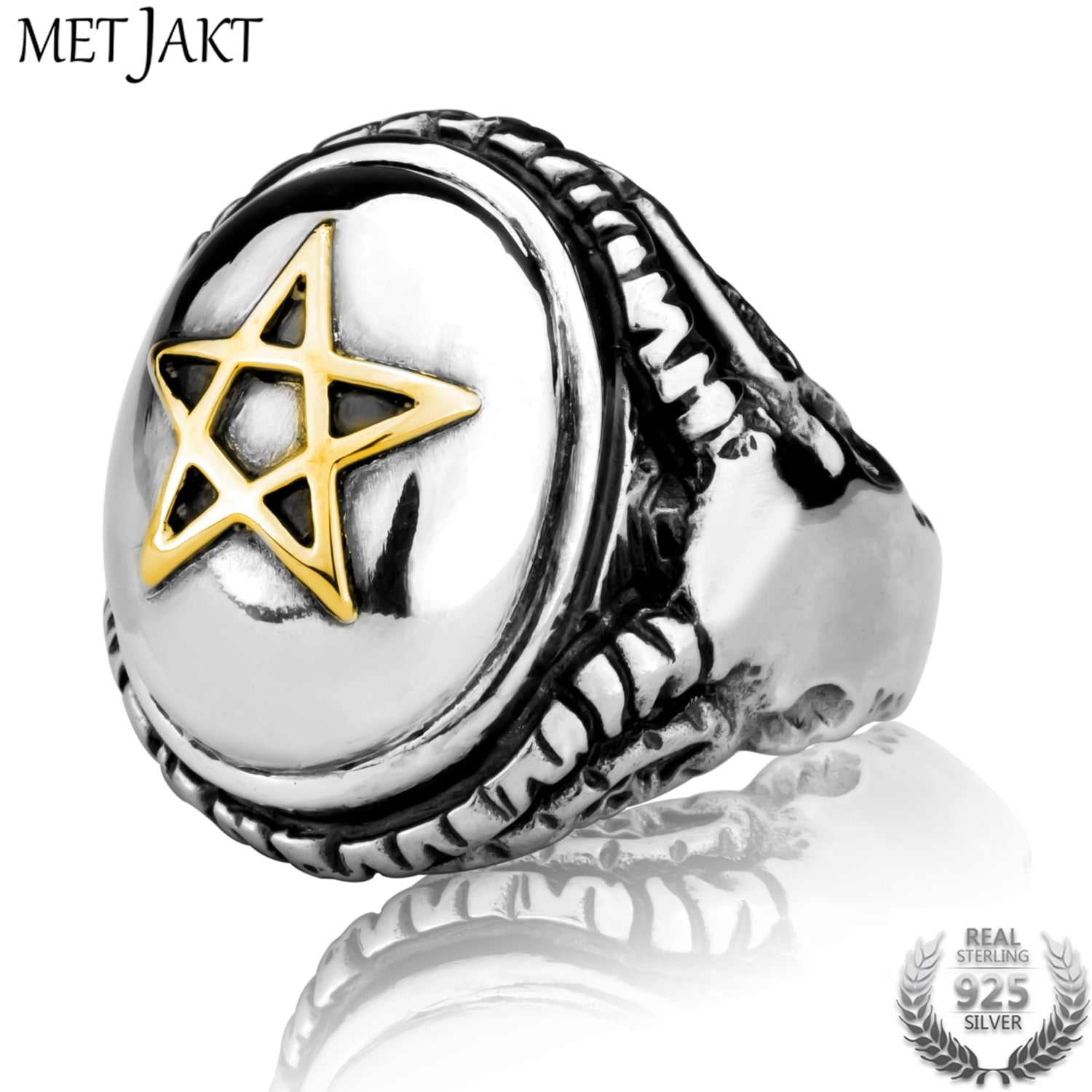 Vintage Punk Golden Pentagram and Devil Sheep Head Ring Solid 925 Sterling Silver Ring for Mens Gothic Jewelry