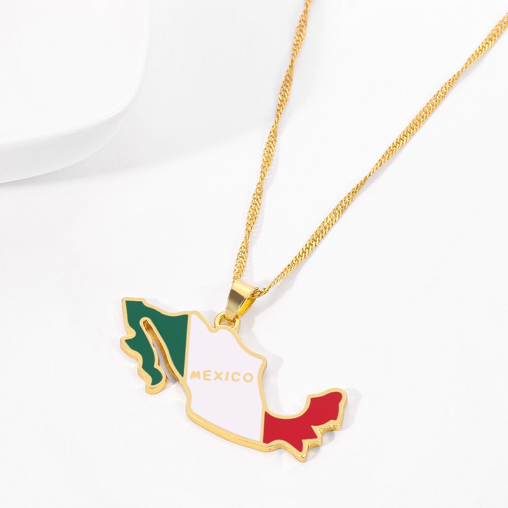 Mexico Map Flag Pendant Necklaces Gold Color Water Wave Chain Women Choker Enamel Necklace Jewelry Mexican Ethnic Gifts