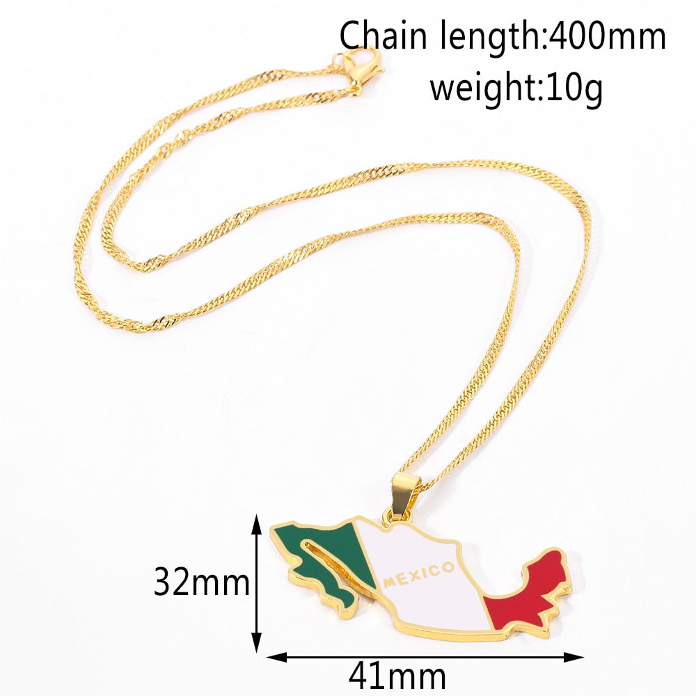 Mexico Map Flag Pendant Necklaces Gold Color Water Wave Chain Women Choker Enamel Necklace Jewelry Mexican Ethnic Gifts