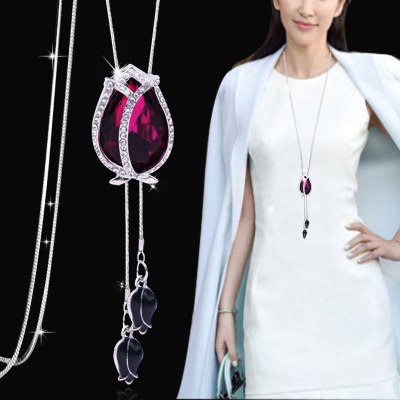 Big Opal Tulip Women Long Necklace Fashion Crystal Choker Necklace Pendant Silver Color Sweater Chain Jewelry Gifts