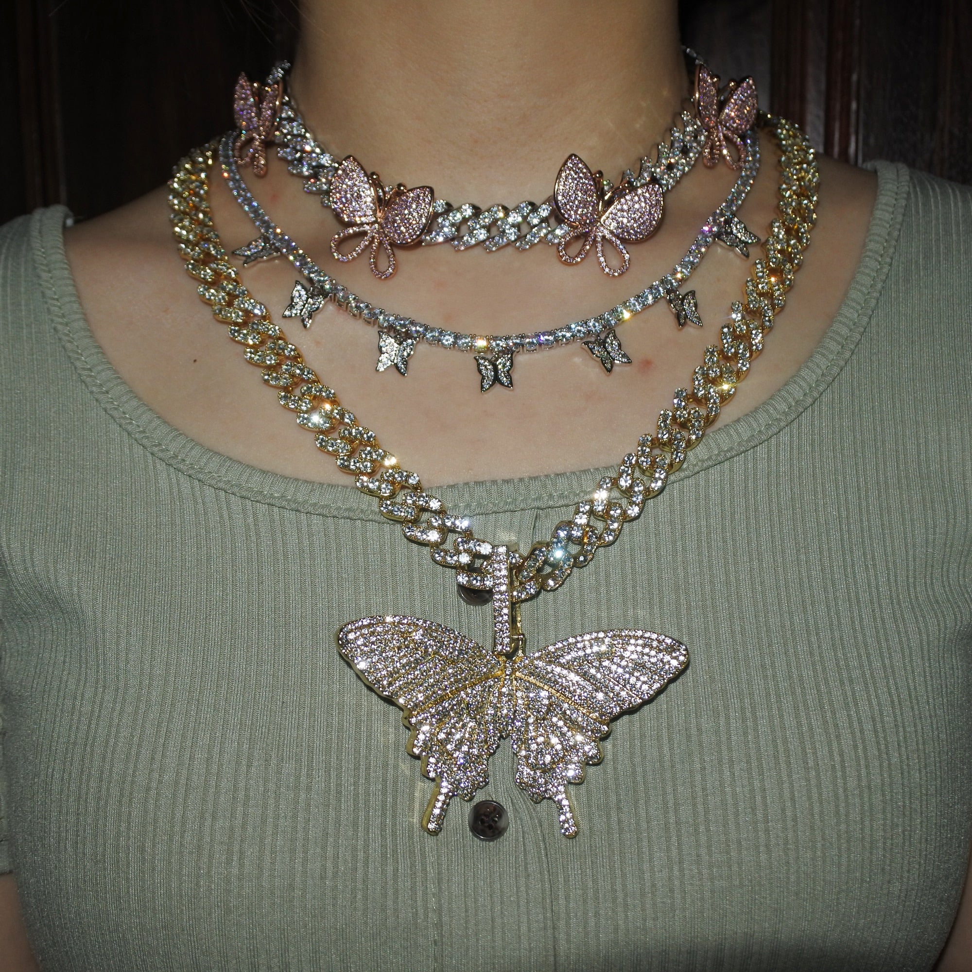 Miami Cuban link chain spinning butterfly charm pendant choker men women hip hop CZ necklace iced out bling rap rock jewelry