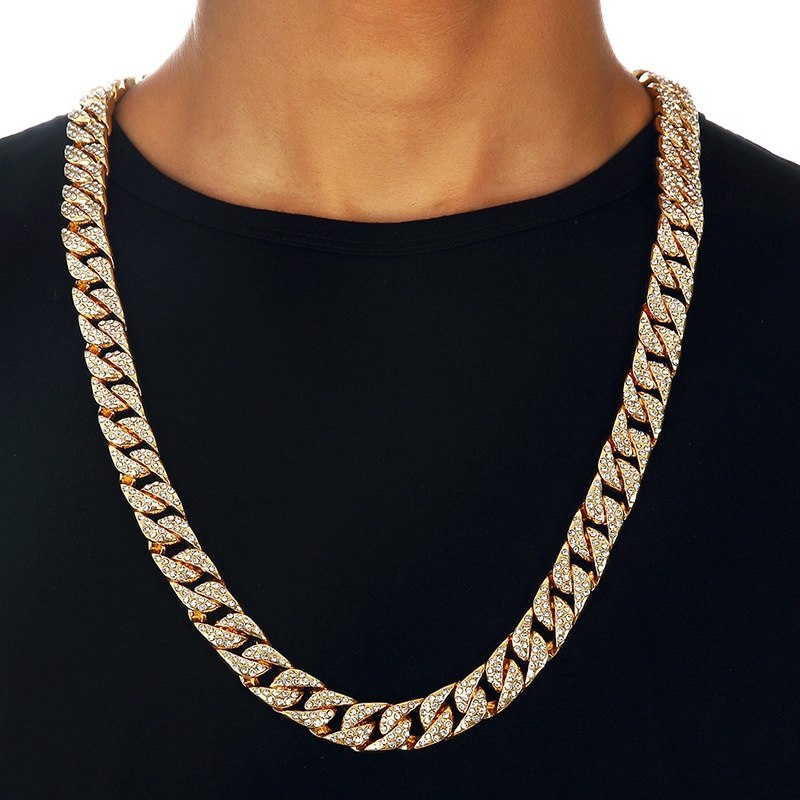 Miami Curb Cuban Chain Necklace For Men Gold Silver Hop Iced Out Paved Rhinestones C Rapper Necklace Jewelry