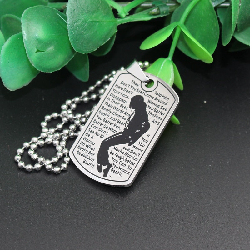 Michael Jackson Necklace Pendant Stainless Steel Dog Tag Moonwalk Logo 24‘’ Chain