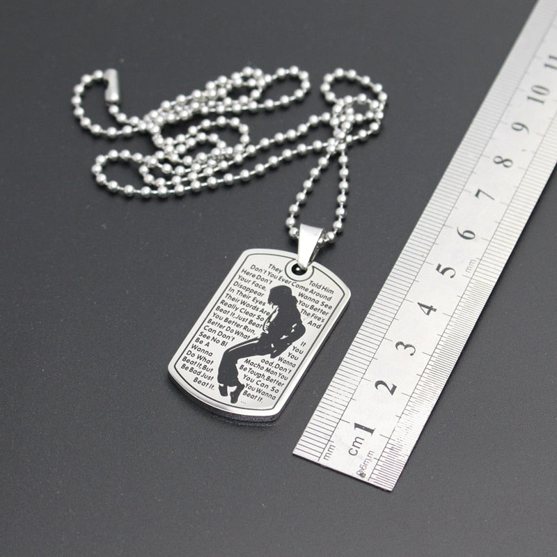 Michael Jackson Necklace Pendant Stainless Steel Dog Tag Moonwalk Logo 24‘’ Chain
