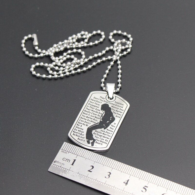 Michael Jackson Necklace Pendant Stainless Steel Dog Tag Moonwalk Logo 24‘’ Chain