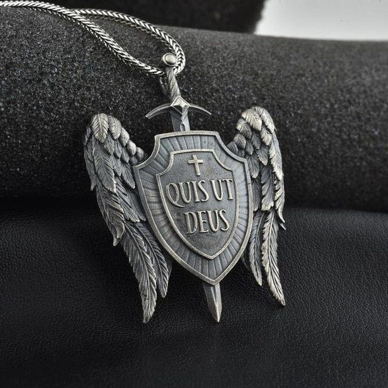 Michael Sword and Shield Angel Wings Wings Pendant Men's Vintage Necklace