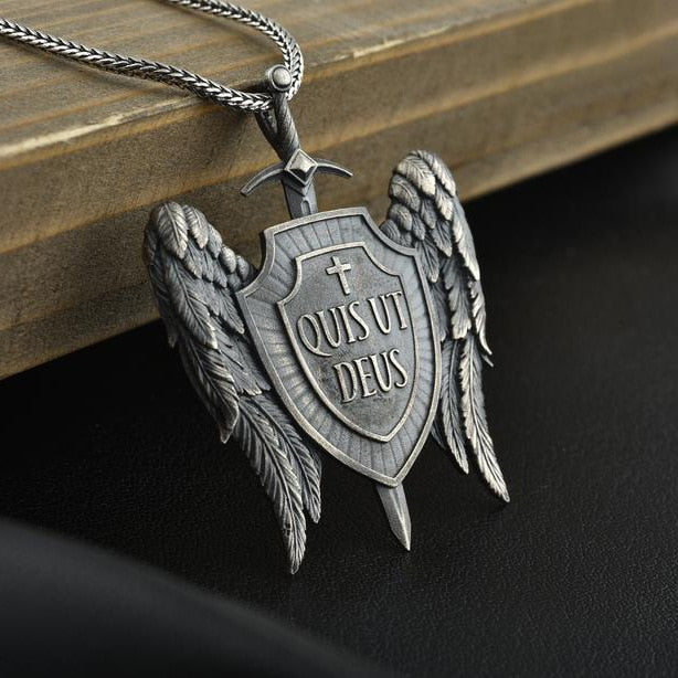 Michael Sword and Shield Angel Wings Wings Pendant Men's Vintage Necklace