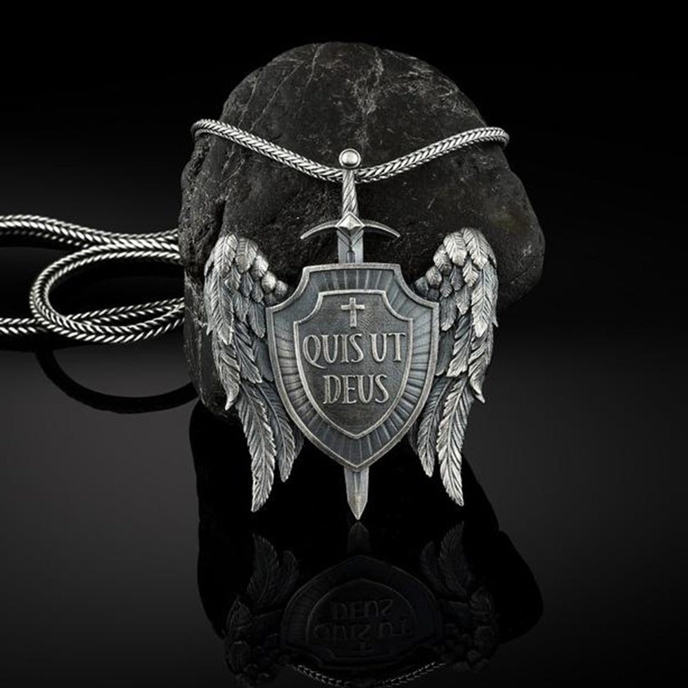 Michael Sword and Shield Archangel Wings Pendant Necklace Christian Men's Chain Necklace Religious Catholic Vintage Accessories