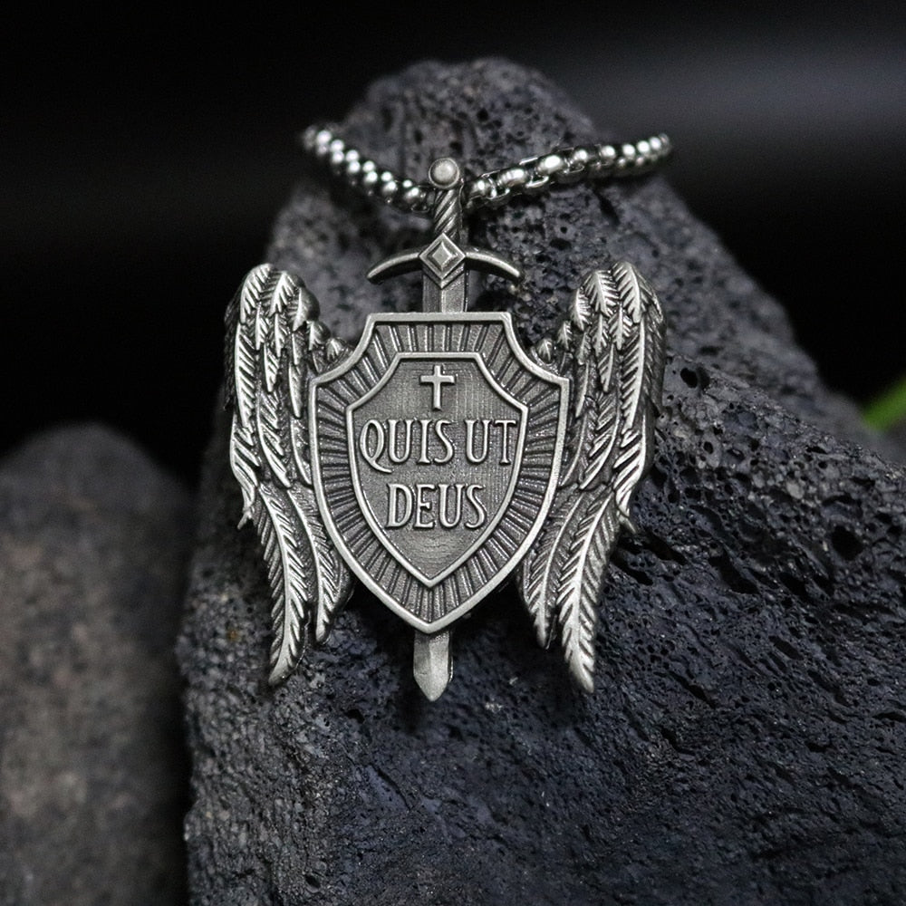 Michael Sword and Shield Archangel Wings Pendant Necklace Christian Men's Chain Necklace Religious Catholic Vintage Accessories