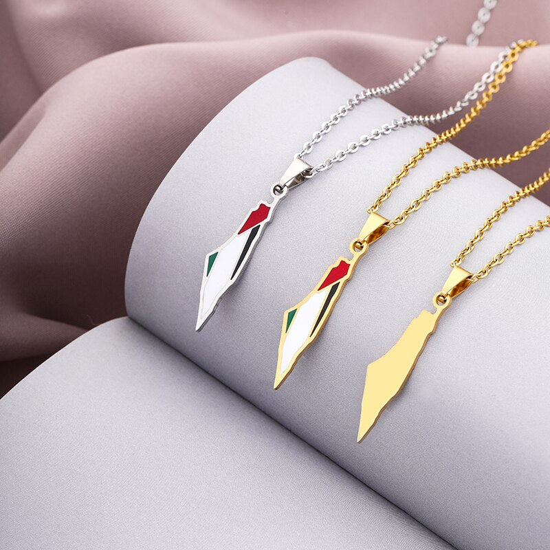 Middle East Palestine Map Falg Pendant Necklaces For Men Women Stainless steel Gold Color Palestinians Ethnic Map Jewelry Gifts