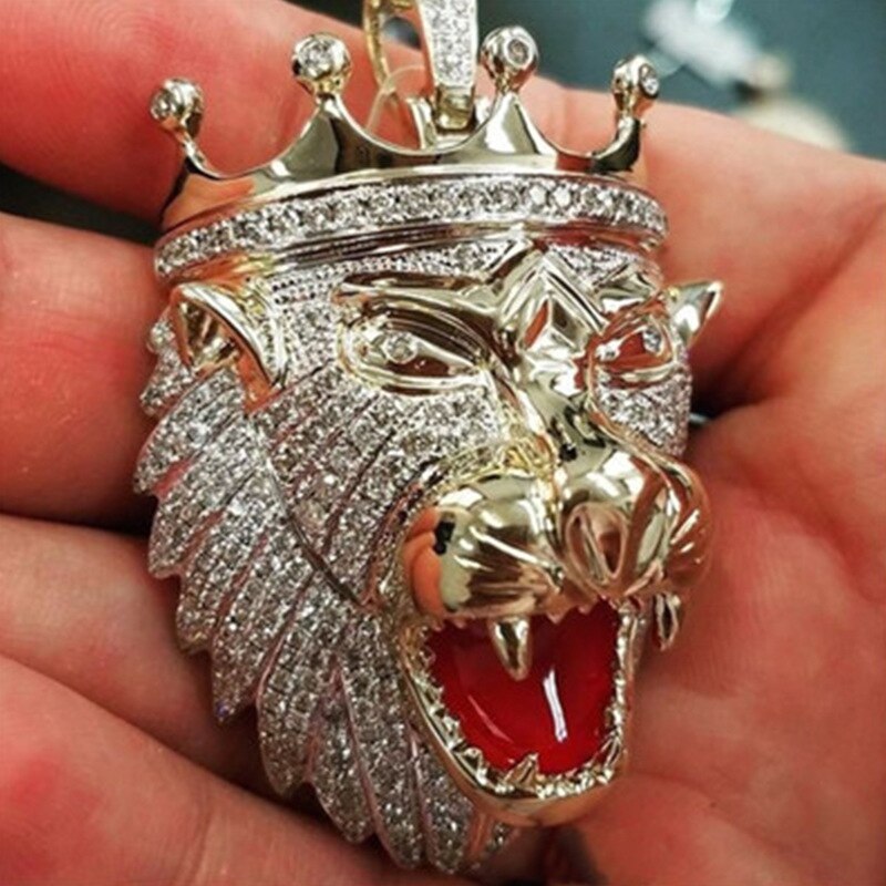 Milangirl  Necklaces & Pendants Mens Full Iced Out Rhinestone Lion Tag Pendant Cuban Chain Hip Hop necklaces pendants