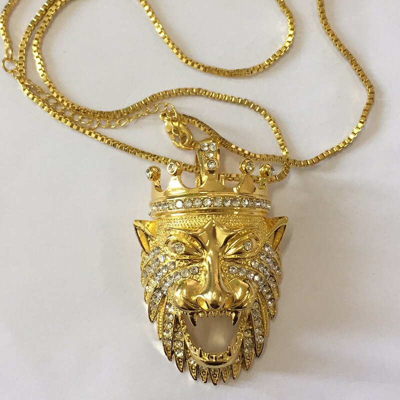 Milangirl  Necklaces & Pendants Mens Full Iced Out Rhinestone Lion Tag Pendant Cuban Chain Hip Hop necklaces pendants