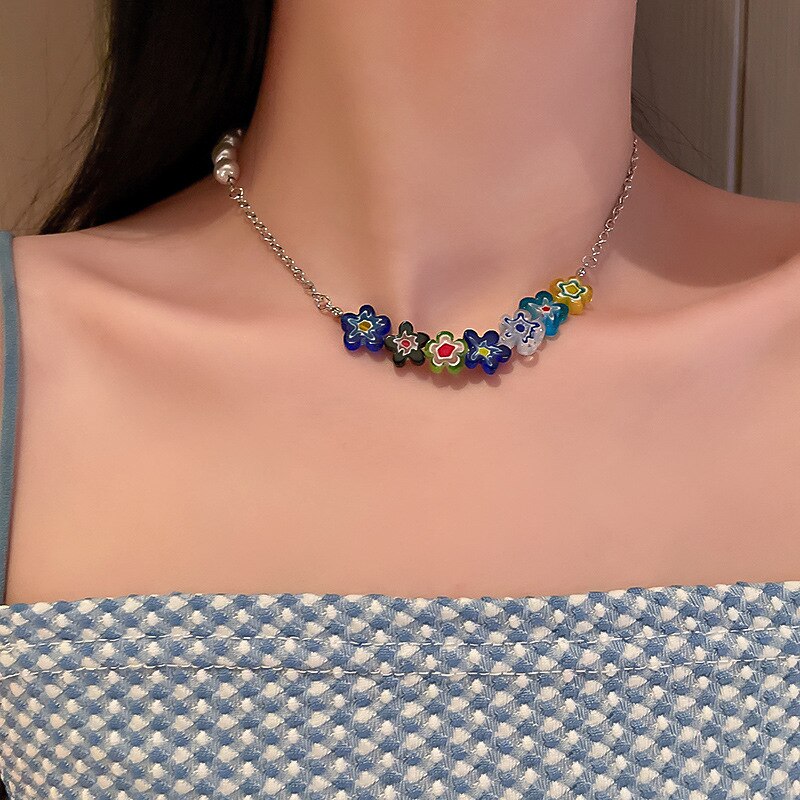Minar Bohemia Rainbow Flower Choker Necklaces for Women Contrast Color Glass Flowers Asymmetric Pearls Beaded Pendant Necklace