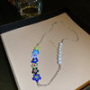 Minar Bohemia Rainbow Flower Choker Necklaces for Women Contrast Color Glass Flowers Asymmetric Pearls Beaded Pendant Necklace