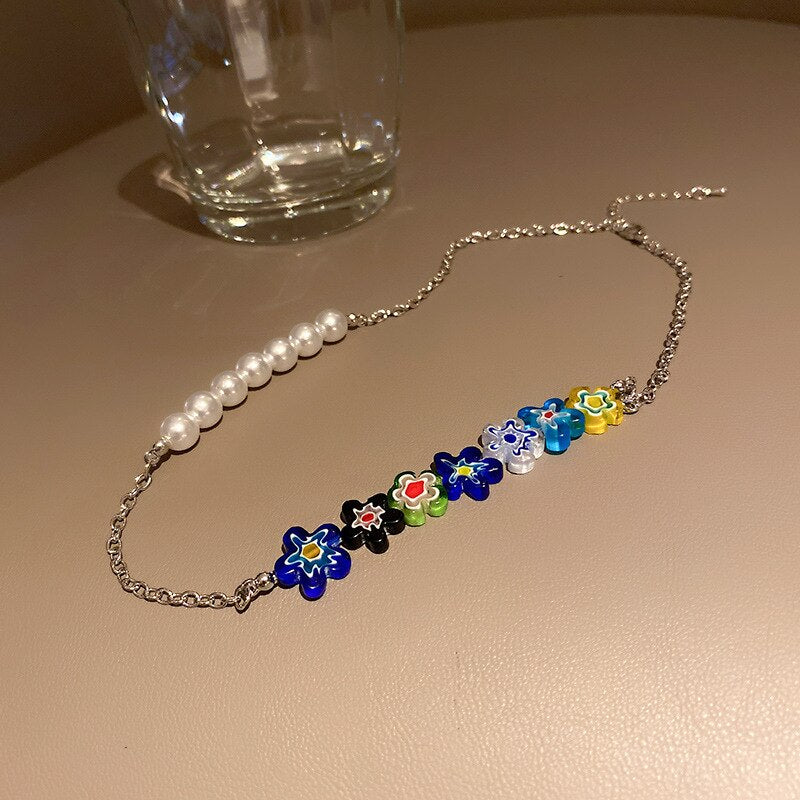 Minar Bohemia Rainbow Flower Choker Necklaces for Women Contrast Color Glass Flowers Asymmetric Pearls Beaded Pendant Necklace