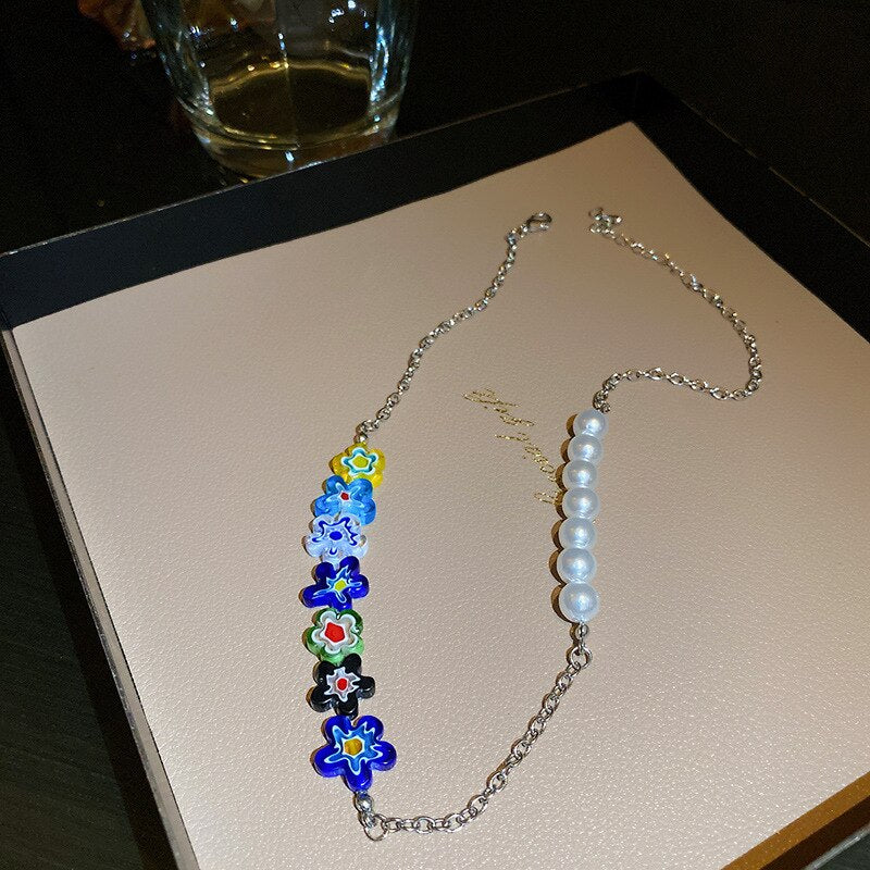 Minar Bohemia Rainbow Flower Choker Necklaces for Women Contrast Color Glass Flowers Asymmetric Pearls Beaded Pendant Necklace