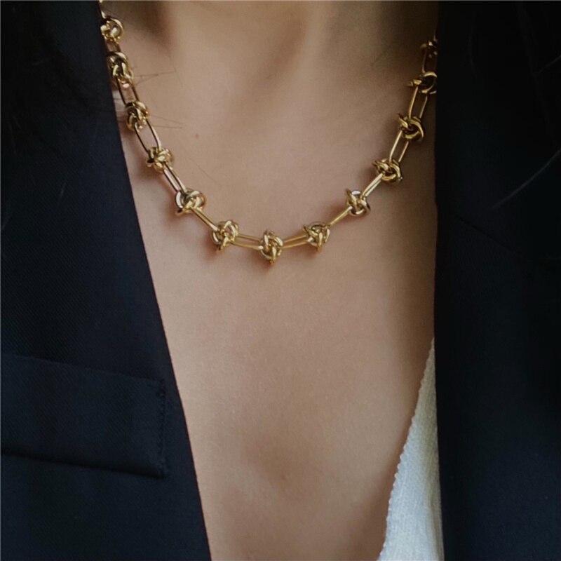 Minar Chunky Knotted Chains Necklaces Punk Hip Hop Trendy Twisted Hollow Link Chokers Necklaces for Women Party Jewelry 2021