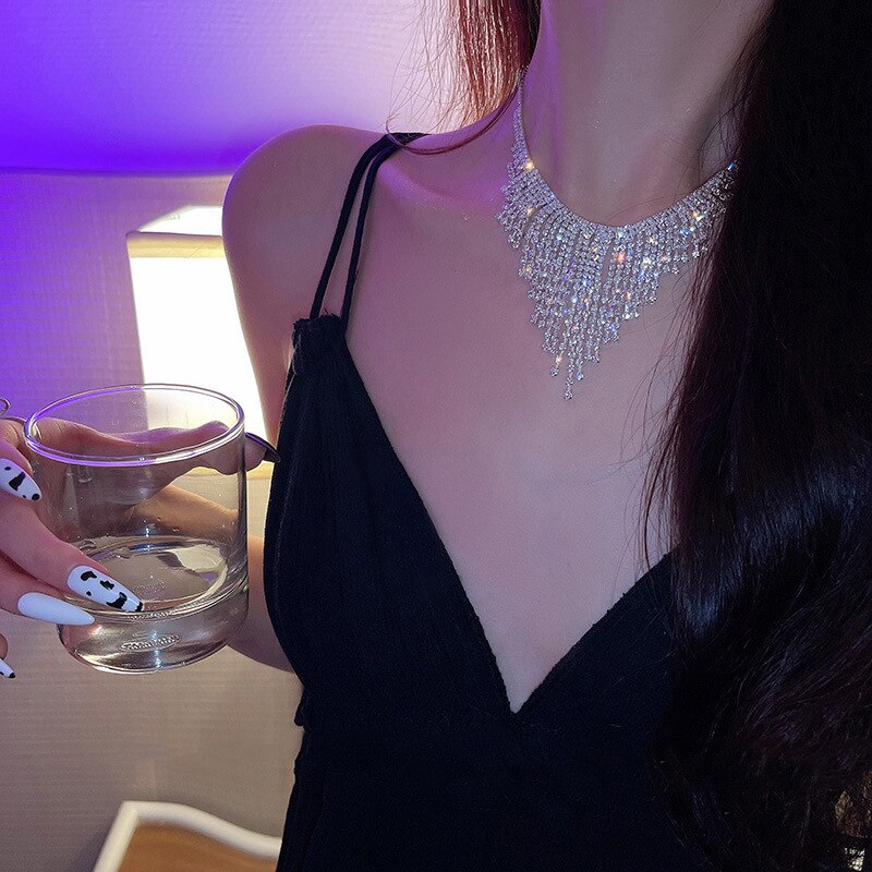 Minar Exaggeration Full Rhinestone Chokers Necklaces for Women Geometrical Bling Bling Long Tassel Necklace  Party Jewelry