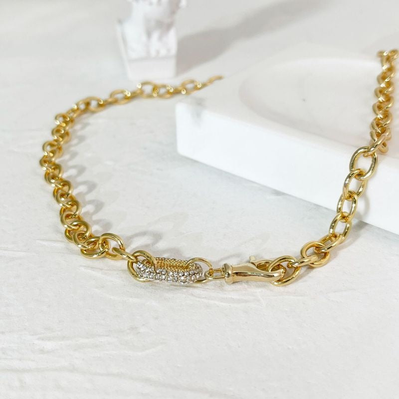 Minar Hip Hop Spark Rhinestone Chunky Chain Necklaces for Women Gold Color Linked Big Lobster Clasp Necklace Vintage Accessories