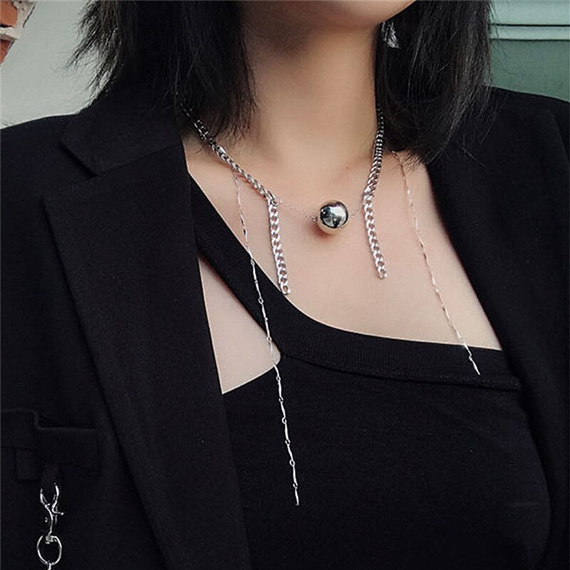 Minar Personality Metallic Ball Pendant Necklaces for Women Girl Chunky Curb Chain Tassel Chokers Necklace Statement Jewelry