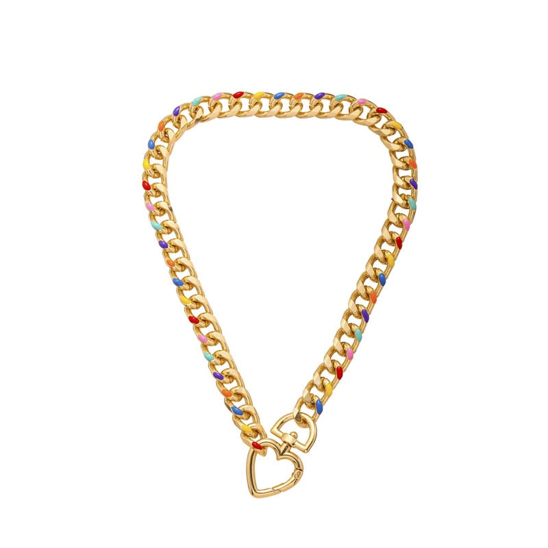 Minar Punk Hip Hop Multicolor Chunky Cuban Chain Necklace for Women Gold Color Metal Wide Curb Link Necklace Collar Choker