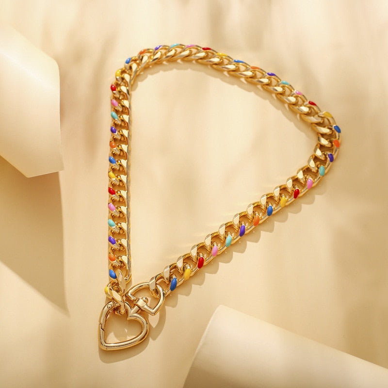 Minar Punk Hip Hop Multicolor Chunky Cuban Chain Necklace for Women Gold Color Metal Wide Curb Link Necklace Collar Choker