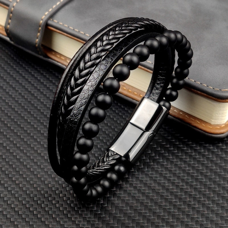 MingAo Fine Stainless Steel Jewelry Multi-Layered Men's Black Leather Beaded Bracelet High Quality Magnet Clasp Christmas Gift