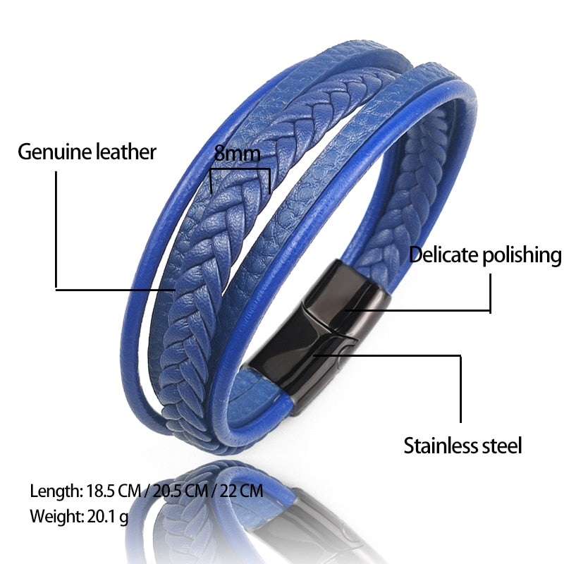 MingAo  Titanium Steel Blue Punk Braided Leather Bracelet For Men Black Magnet Clasp Bangle The  Gift for Vintage Jewelry